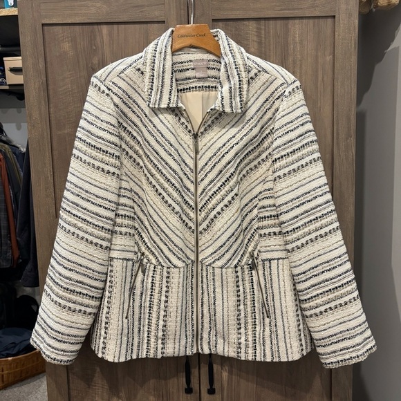 Chico’s size 3 (XL) Tweed Jacket Full Zip White Blue Cream Stripe Blazer - Picture 1 of 11